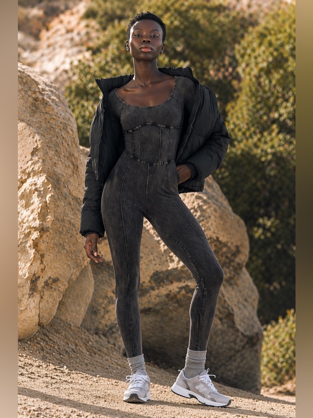 Free People FP Movement Good Karma Long Sleeve Corset Onesie Washed Black XS/S
